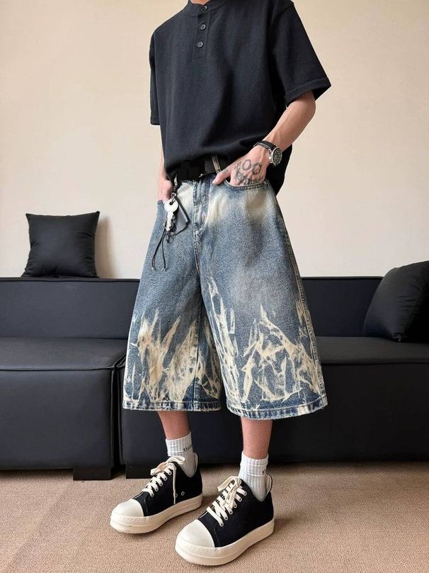 Men's Clothing Unisex High Street Lightning Bolt Pattern Denim Capri Shorts Street Style Over The Knee Mid Length Loose Wide Leg Trendy_mkmklike.com