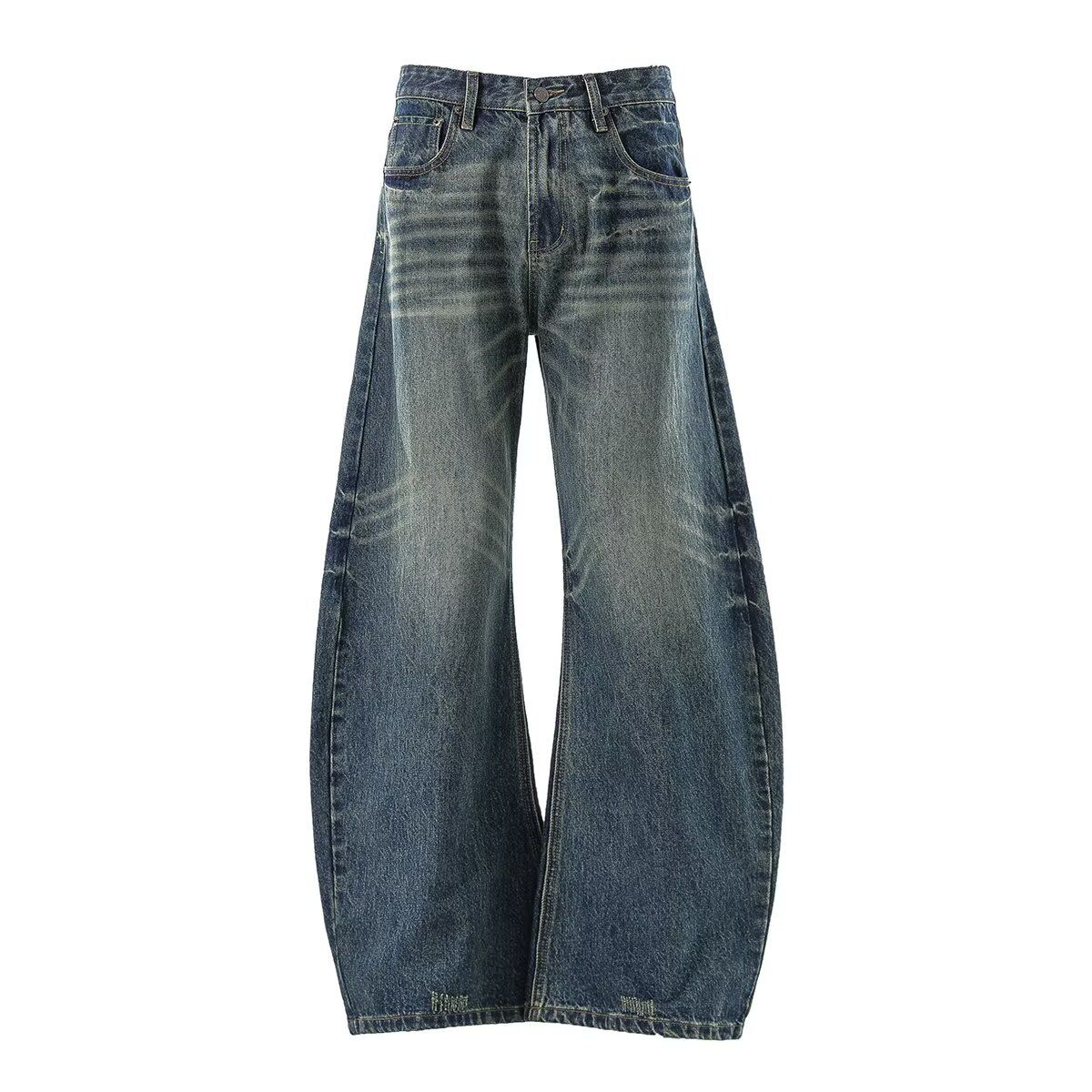 Unisex Vintage Blue Whiskered Scimitar Wide Leg Jeans Midweight Cotton Slightly Flared Loose Fitting Floor Length Sickle Shaped Straight Leg Denim_mkmklike.com
