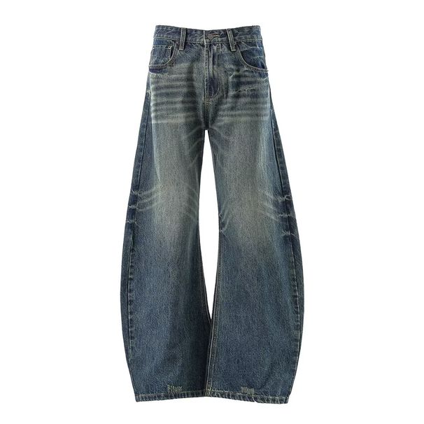 Unisex Vintage Blue Whiskered Scimitar Wide Leg Jeans Midweight Cotton Slightly Flared Loose Fitting Floor Length Sickle Shaped Straight Leg Denim_mkmklike.com