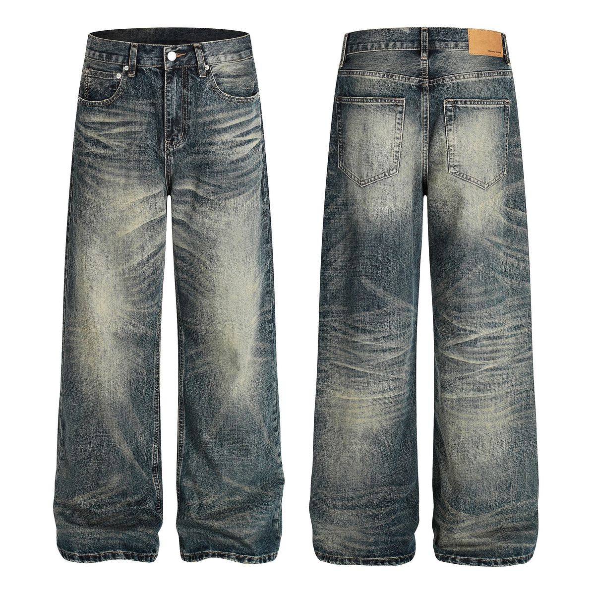 Men's Straight Leg Loose Fitting Jeans Water Ripple Frayed Edge Design Cleanfit Trendy Jeans Suitable for Both Men And Women_mkmklike.com