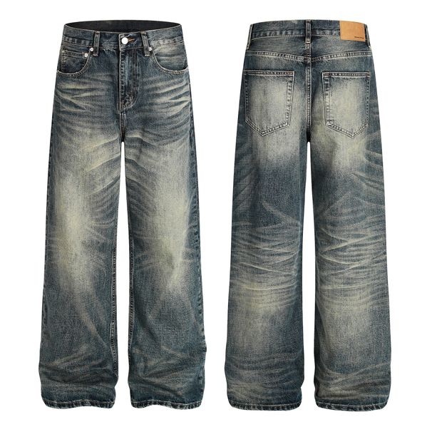 Men's Straight Leg Loose Fitting Jeans Water Ripple Frayed Edge Design Cleanfit Trendy Jeans Suitable for Both Men And Women_mkmklike.com