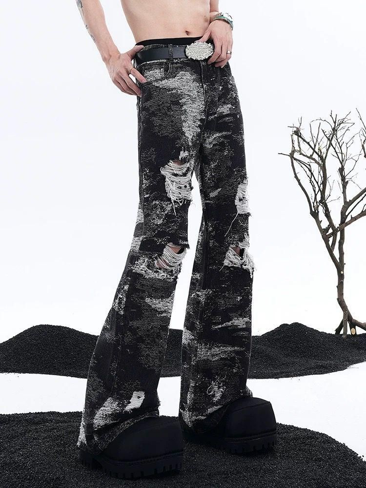 Men's Clothing Men's Flared Jeans High Street Retro Loose Ripped Wide Leg Long Pants Style Summer For Formal & Casual_mkmklike.com