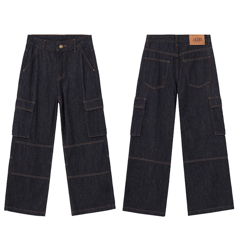Unisex Vintage Raw Denim Jeans – High Street Workwear Pants With Utility Pockets & Straight-Leg Fit_mkmklike.com