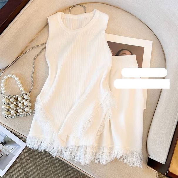 Women's Pink Tassel Knitted Small Camisole + High Waist Wide Leg Casual Shorts_mkmklike.com