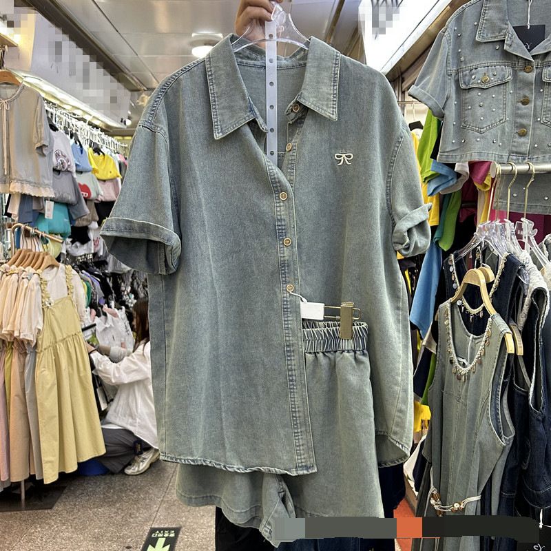 Women's Clothing Summer Embroidered Bow Denim Shirt Elastic High Waist Wide Leg Shorts Two Piece Suit_mkmklike.com