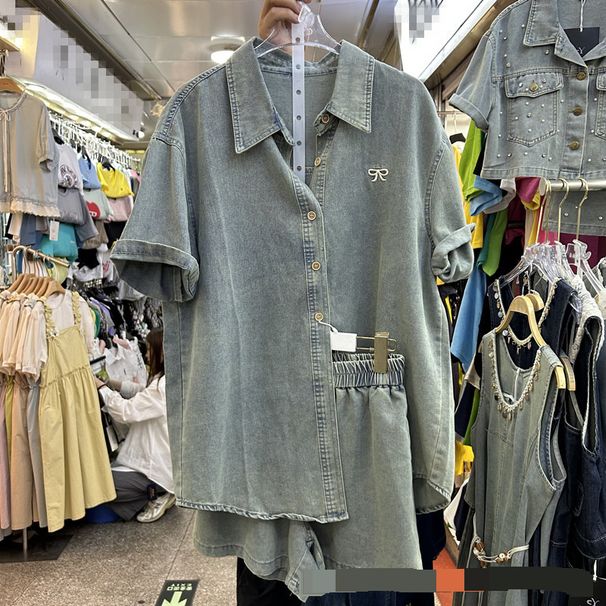 Women's Clothing Summer Embroidered Bow Denim Shirt Elastic High Waist Wide Leg Shorts Two Piece Suit_mkmklike.com