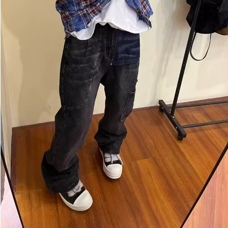 Boys Wear High-end Pants, High-street Trendy Black And Gray Shawl Jeans, Men's Straight-leg Loose Cargo Pants_mkmklike.com