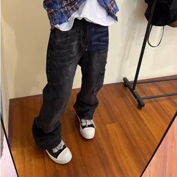 Boys Wear High-end Pants, High-street Trendy Black And Gray Shawl Jeans, Men's Straight-leg Loose Cargo Pants_mkmklike.com