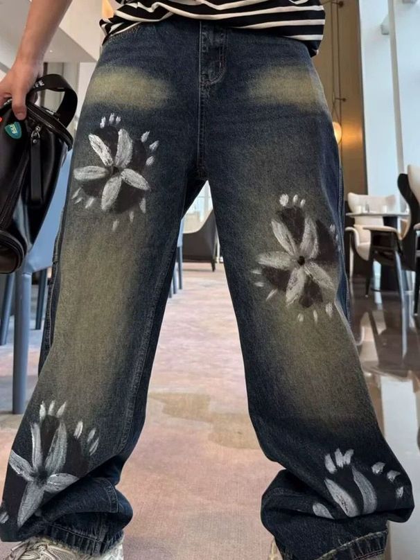Men's Vintage Washed Relaxed Fit Straight Leg Jeans Denim Pants Streetwear Graffiti Design Casual Urban Style_mkmklike.com