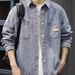 Retro Washed Denim Shirt With Men's Patchwork Loose And Cool Workwear Shirt Jacket_mkmklike.com
