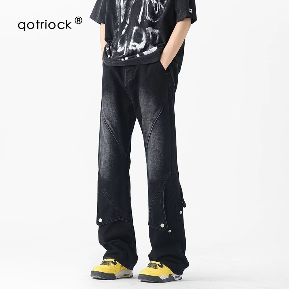 Men's Black Flared Cargo Jeans, Straight Leg, Loose Fit, American High Street Style, Vibe Brand, Trendy And Cool Patchwork Design._mkmklike.com