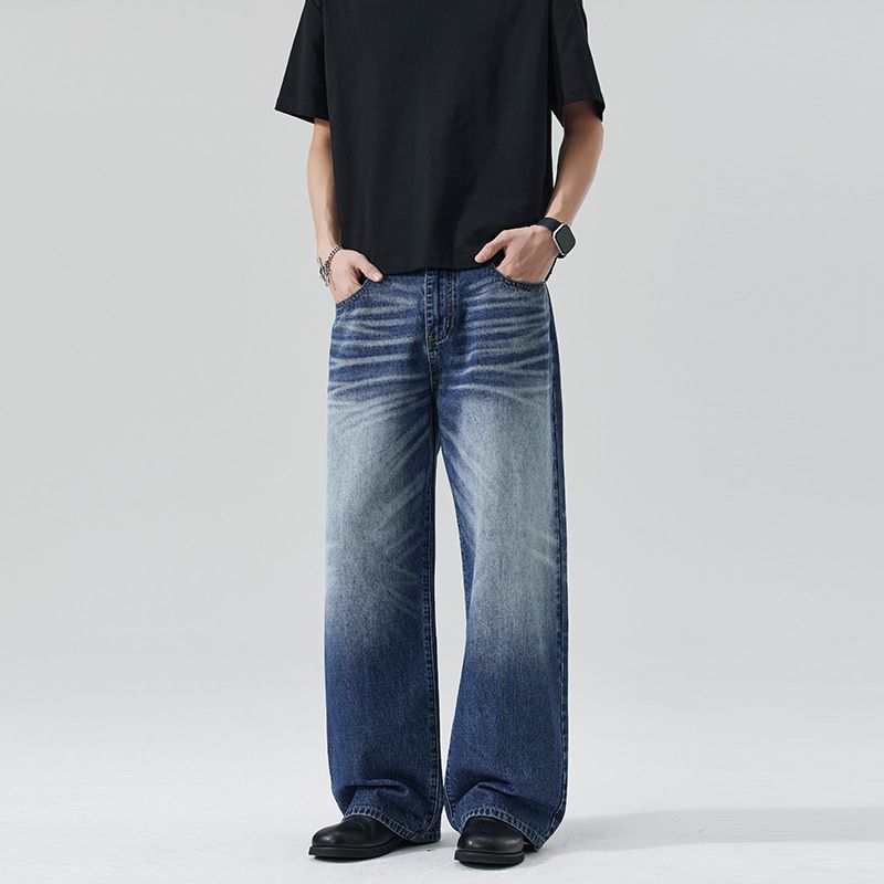 Men's Dark Blue Washed Whiskered A Line Straight Leg Jeans Unisex Versatile Couple Pants_mkmklike.com