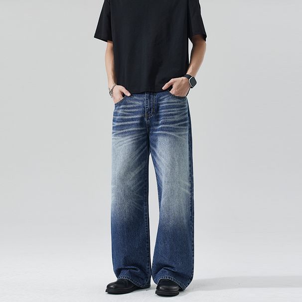 Men's Dark Blue Washed Whiskered A Line Straight Leg Jeans Unisex Versatile Couple Pants_mkmklike.com