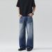 Men's Dark Blue Washed Whiskered A Line Straight Leg Jeans Unisex Versatile Couple Pants_mkmklike.com