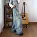 Plus Size Vintage Letter Print Distressed Wide Leg Jeans – High Waisted Oversized Flare Denim Pants For Women_mkmklike.com