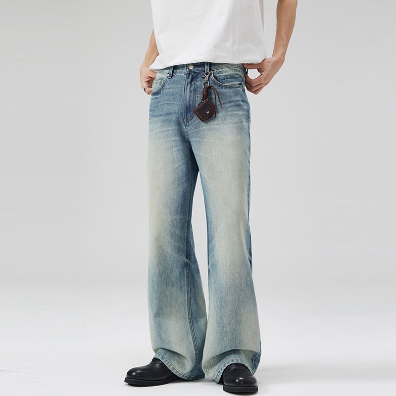 Vintage Washed Blue Gradient Jeans – Distressed Straight-Leg Bell Bottom Denim Pants With Cat Whisker & Fading Details ( Non-Stretch, S-3XL)_mkmklike.com