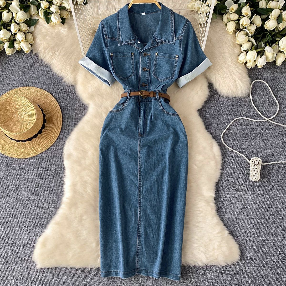 Women's Clothing Simple High End Polo Collar Denim Dress Women's Summer Belt Slim Split Design Temperament Long Skirt_mkmklike.com