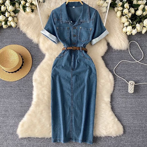 Women's Clothing Simple High End Polo Collar Denim Dress Women's Summer Belt Slim Split Design Temperament Long Skirt_mkmklike.com