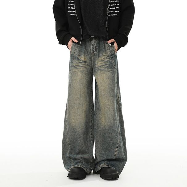 Men's Clothing Men's American Retro Style Loose Fit Trendy Long Pants Fleece Lined Thickened Blue Denim For Formal & Casual_mkmklike.com