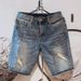 Men's Clothing Retro Ripped Denim Shorts Loose Straight ShortsThin Mid Length Pants_mkmklike.com