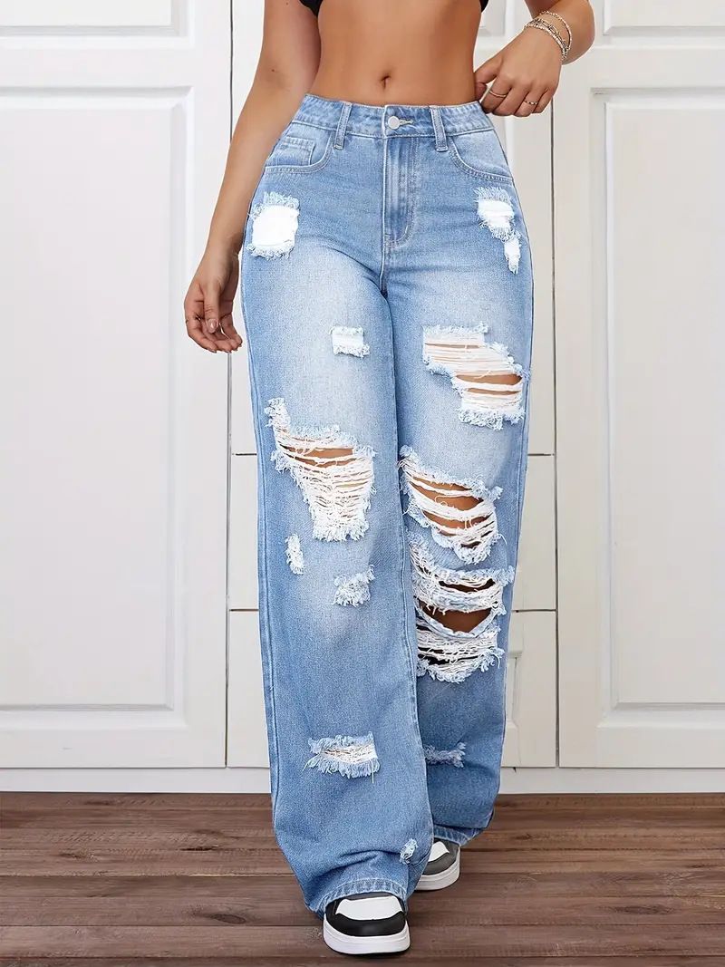 Distressed Denim Jeans For Women - High Waist Straight Leg Ripped Jeans With Vintage Wash In Blue & Grey_mkmklike.com