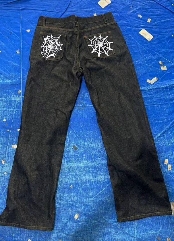 Men's Clothing Street Pants, Men's Black Autumn And Winter New Style Spider Web Print Design Niche Wide Leg Jeans_mkmklike.com