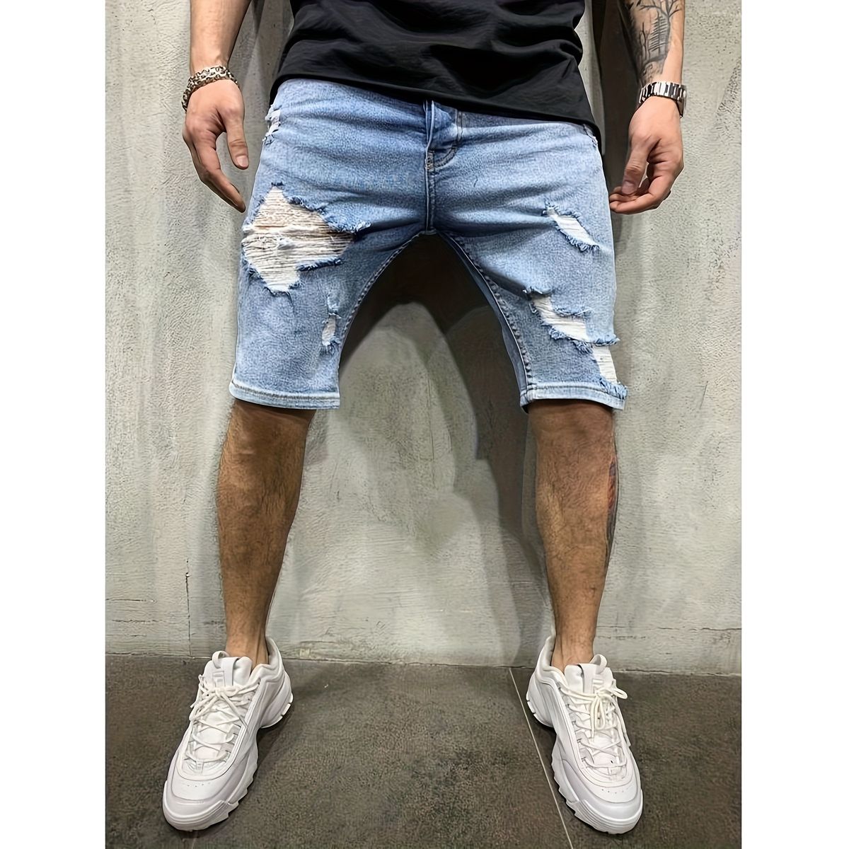 Men's Light Blue Ripped Denim Shorts - Casual Streetwear Jeans With Straight Leg & Mid Rise - Summer Fashion For Youth_mkmklike.com