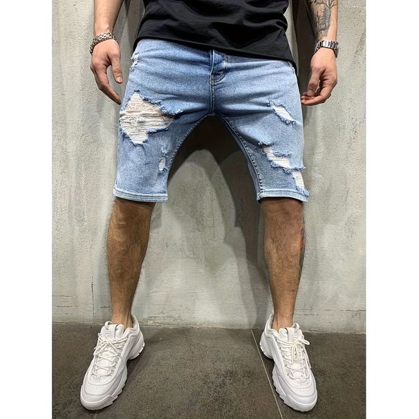 Men's Light Blue Ripped Denim Shorts - Casual Streetwear Jeans With Straight Leg & Mid Rise - Summer Fashion For Youth_mkmklike.com
