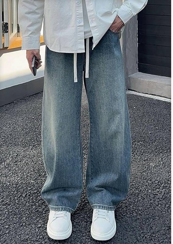 Retro Blue Men's 3D Bamboo Joint Jeans Loose Fit Straight Leg Denim Casual Pants mid Waist Long Cotton Spring Wear_mkmklike.com