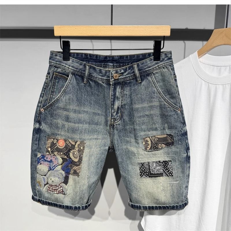 Vintage Distressed Denim Shorts For Men - High Street Fashion Cotton Cargo Pants With Patchwork Details, Relaxed Fit & Mid-Rise Waist_mkmklike.com