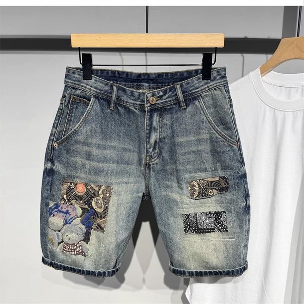 Vintage Distressed Denim Shorts For Men - High Street Fashion Cotton Cargo Pants With Patchwork Details, Relaxed Fit & Mid-Rise Waist_mkmklike.com