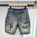 Vintage Distressed Denim Shorts For Men - High Street Fashion Cotton Cargo Pants With Patchwork Details, Relaxed Fit & Mid-Rise Waist_mkmklike.com