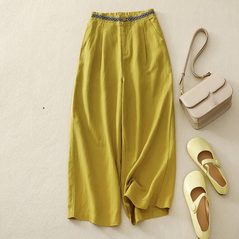 Women's Clothing 5 colors back waist elastic cotton linen wide leg pants nine-point pants _mkmklike.com