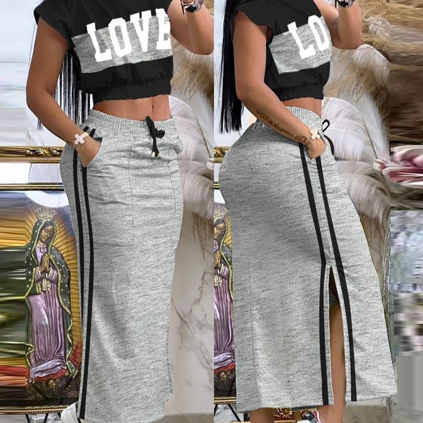 Women's Clothing elegant and contrasting color splicing printed tops casual strappy slit skirt suit_mkmklike.com