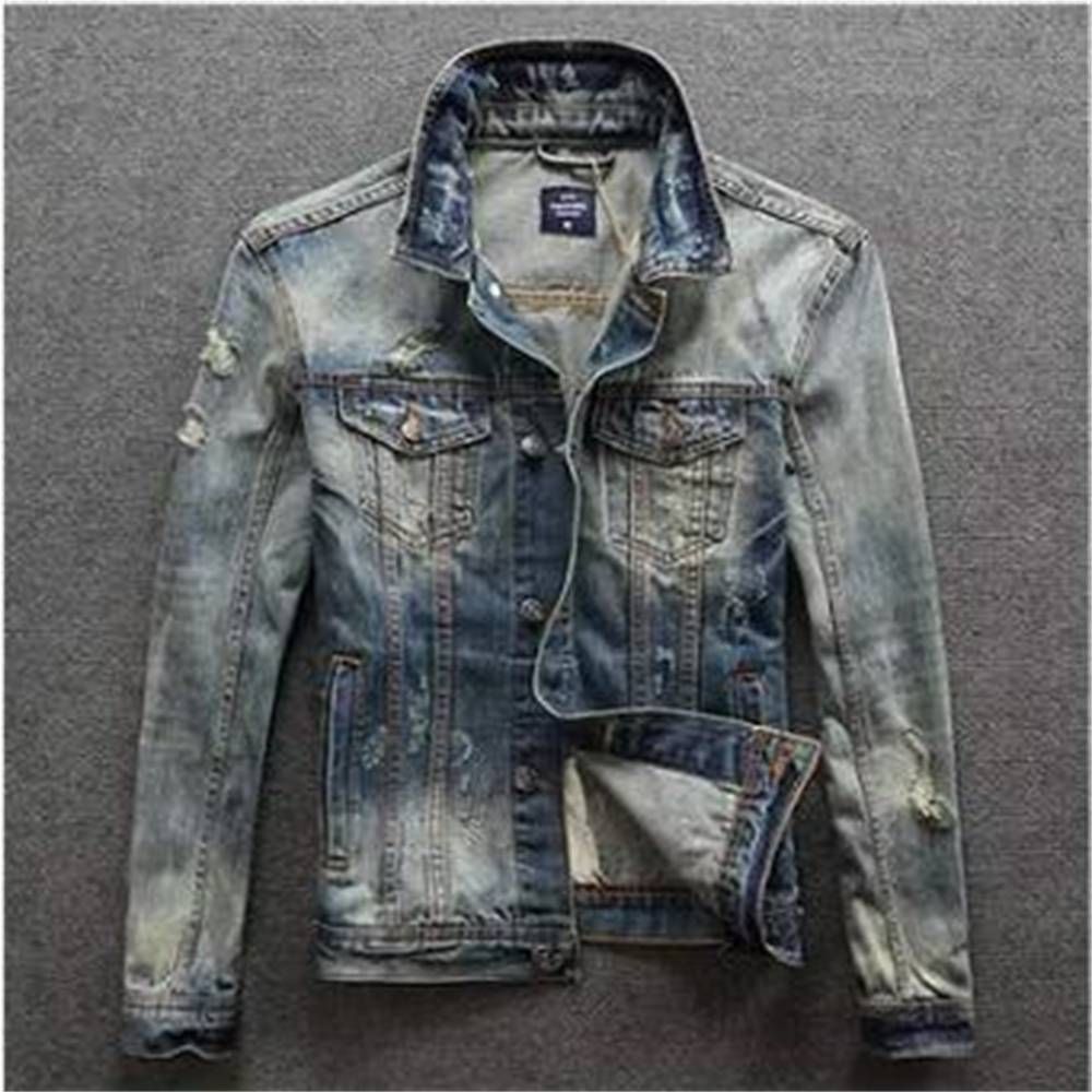 2025 European-USA Style Cowboy Outerwear Men's Cotton Lapel Broken Hole Single-Breasted Vintage Loose Cargo Denim Jacket M-5XL_mkmklike.com