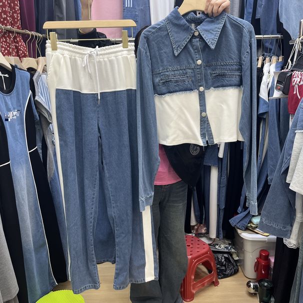 Women's Clothing Zipper Design Denim Splicing Sweatshirt Wide Leg Pants High End Temperament Slim Two Piece Suit_mkmklike.com