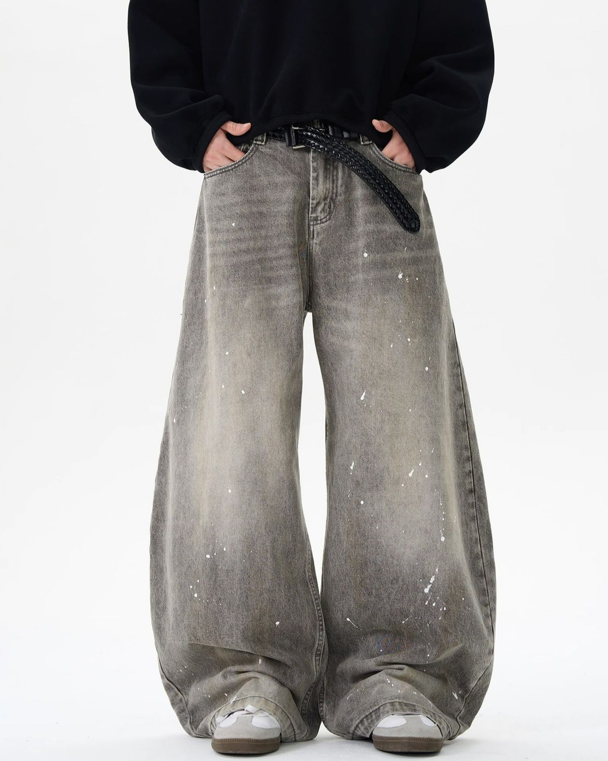 Washed Distressed Ink Splashed Scimitar Jeans Men's Trendy American Street Style Loose Casual Versatile Trousers_mkmklike.com