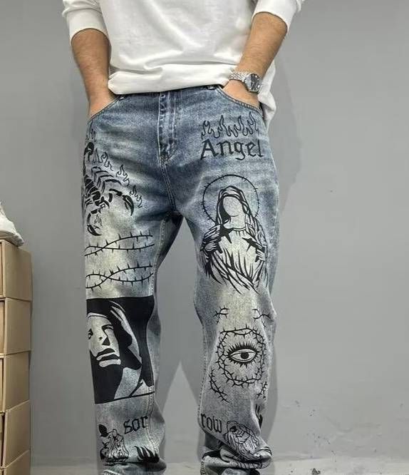 Men's Clothing High End Graffiti Hand Painted Handsome Trendy Brand Ins American Jeans Men's Loose Small Straight Spring And Autumn Long Pants_mkmklike.com