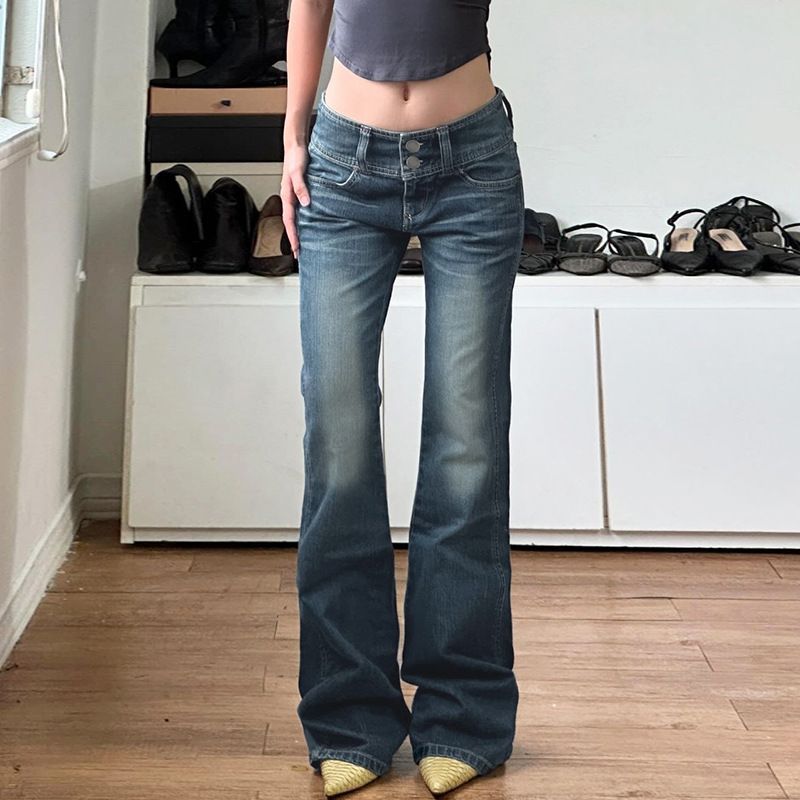 Women's Clothing Retro Wide Waist Button Down Slim Fit Low Rise Washed Denim Jeans Casual Stylish Simple Versatile Long Pants For Women_mkmklike.com