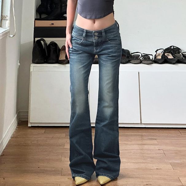 Women's Clothing Retro Wide Waist Button Down Slim Fit Low Rise Washed Denim Jeans Casual Stylish Simple Versatile Long Pants For Women_mkmklike.com
