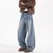 Retro Washed Blue Straight Leg Jeans Trendy Distressed Loose Casual Wide Leg Pants For Men And Women_mkmklike.com