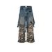Men's Clothing Stitching Two Piece Camouflage Work Pants, Unisex Straight Leg Multi Pocket Color Blocked Jeans_mkmklike.com
