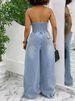K New Collar Hanging Neck Single Breasted Backless Denim Jumpsuit For Women_mkmklike.com