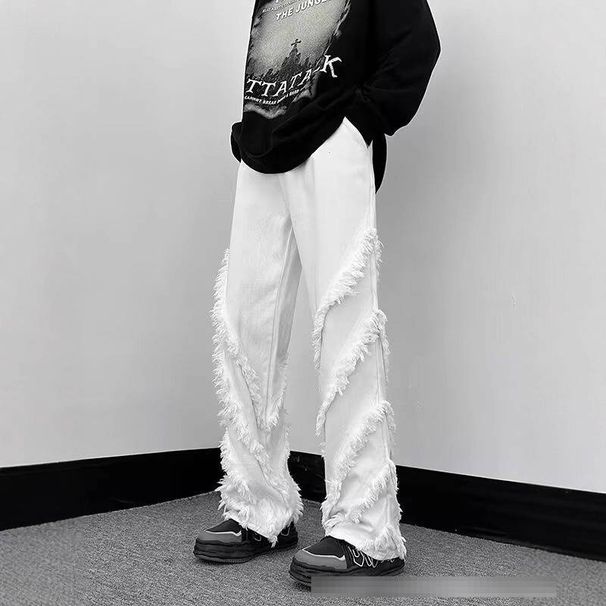 Distressed Fringe Hem High Street Jeans For Men & Women - Vintage Wide Leg Flare Denim Pants In White & Black_mkmklike.com