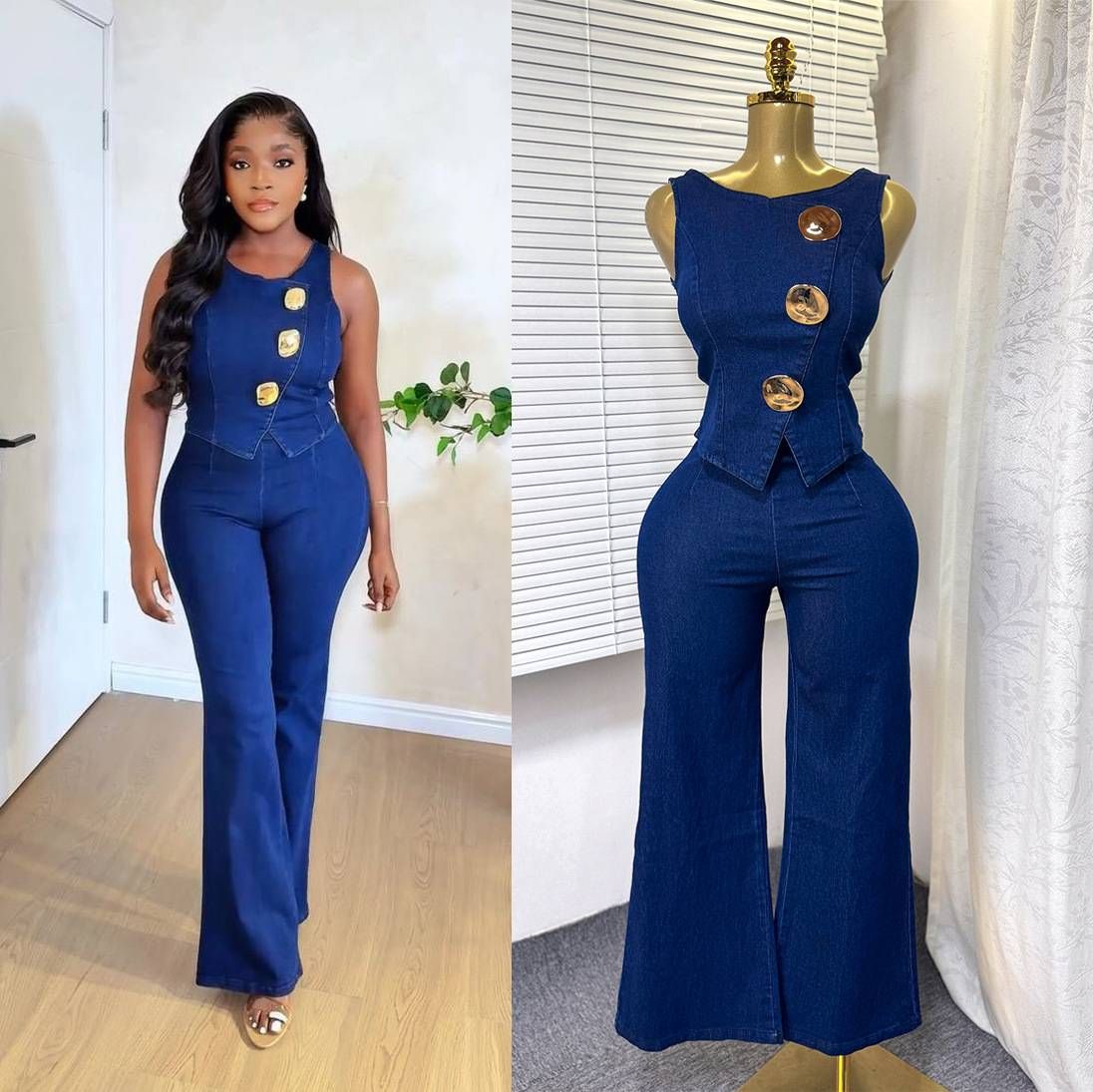 Temperament Design Metallic Buckle Round Neck Sleeveless Vest+High Waist Wide Leg Pants Denim Set For Women_mkmklike.com