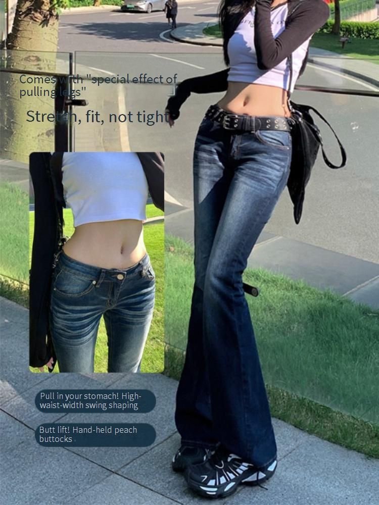 Straight Leg Bootcut Jeans For Women - Low Rise Flared Denim Pants In Vintage Blue, Suitable For Petite Women, Autumn/winter_mkmklike.com