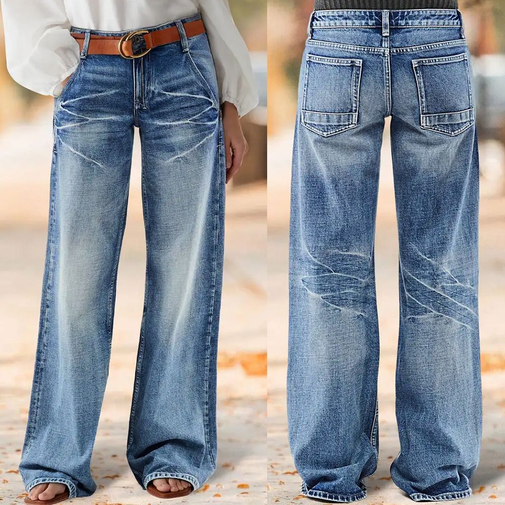 Women's Clothing High-Waisted Wide-Leg Jeans Women's Clothing Retro Washed Distressed Loose Straight Leg Floor-Length Pants Spring Summer_mkmklike.com
