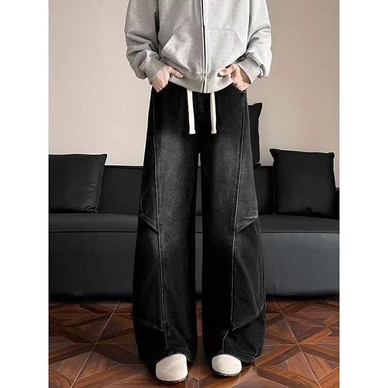 Men's Japanese Retro Style Washed Distressed Black Jeans Drawstring Elastic Waist Wide Leg Curved Cut Loose Straight Leg_mkmklike.com