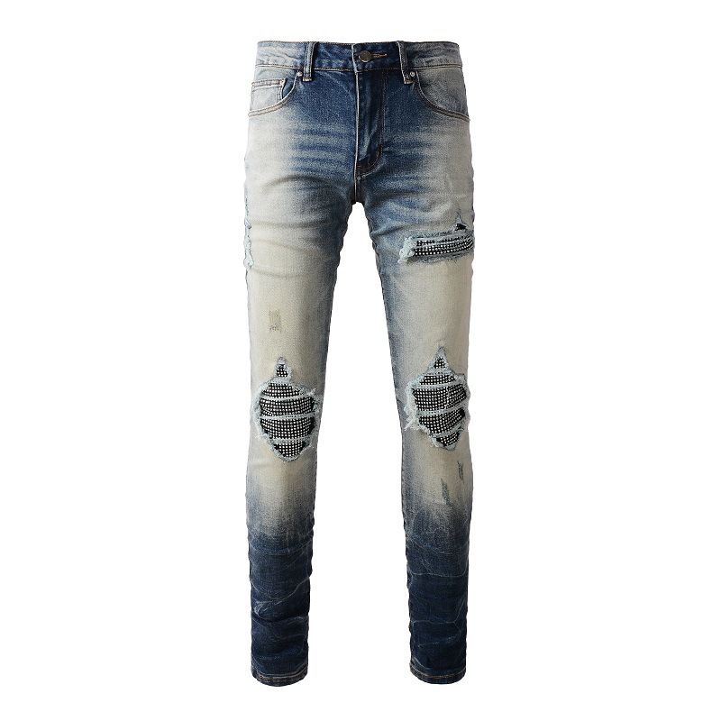 Men's Clothing Cat Whisker Wrinkled Diamond Patch Ripped Elastic Slim Fit Skinny Jeans_mkmklike.com
