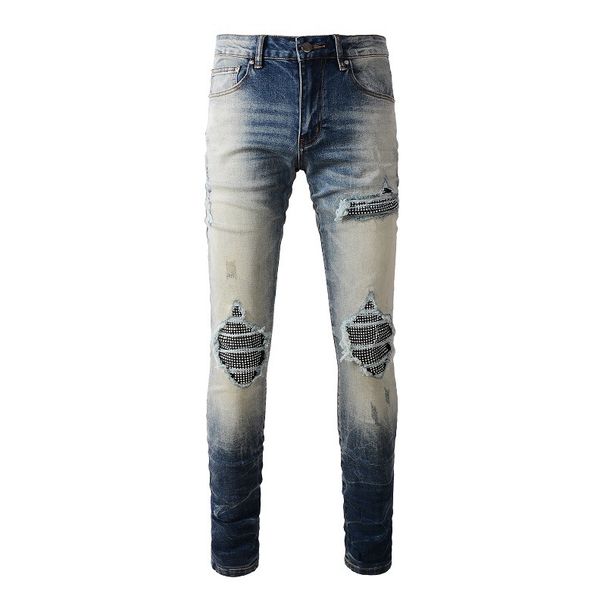 Men's Clothing Cat Whisker Wrinkled Diamond Patch Ripped Elastic Slim Fit Skinny Jeans_mkmklike.com